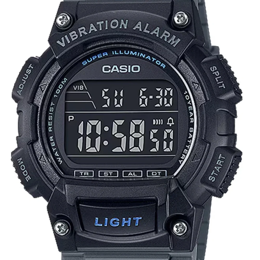 Casio Black Digital Vibration Alarm Watch with Blue Accent